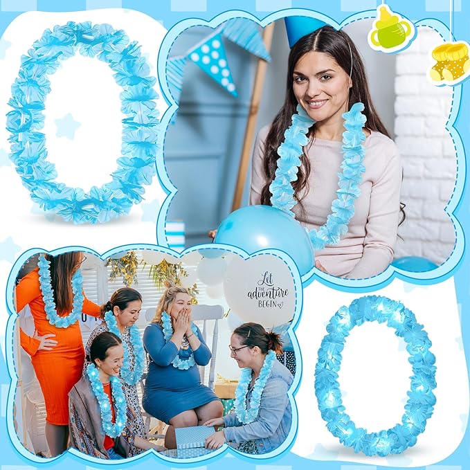 Sherr 48 Pcs LED Hawaiian Leis Light up Flower Leis Necklace with LED Lights Luau Flowers Necklaces for Masquerade Beach Wedding Tropical Themed Party Supplies(Baby Blue)