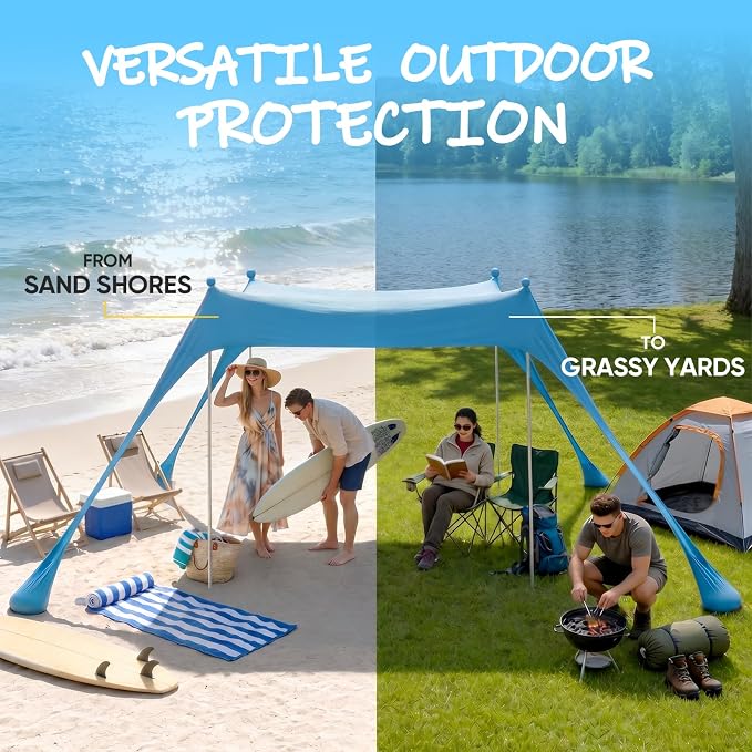 Sekey Aluminum Beach Shade Sun Shelter UPF 50+ - 10x10 FT Portable Beach Canopy with Windproof Rope & Stability Poles, Easy Setup Outdoor Tent for Camping, Backyard, Fishing, Picnics