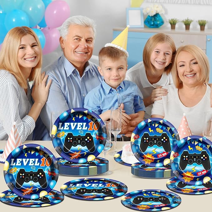 96Pcs Level 10 Plates and Napkins Sets Level Up 10 Unlocked Birthday Decorations 10th Birthday Plates for Boys Video Game Supplies 10th Blue Gaming Pattern Design Party Favors for 24 Guests