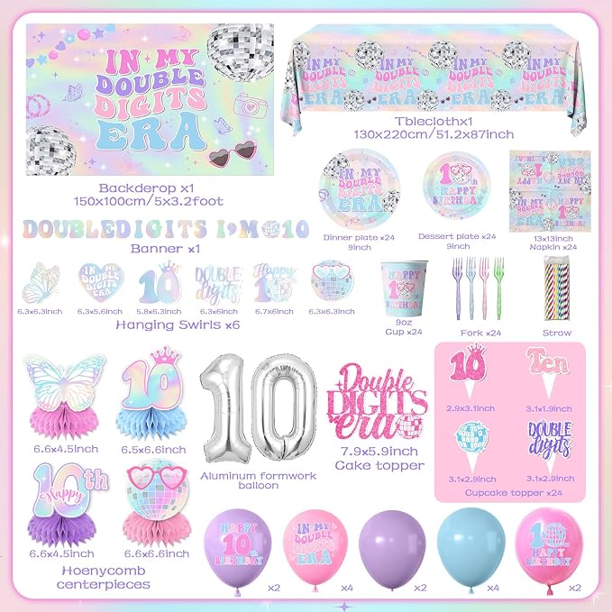 10th Birthday Decorations for Girl,198pcs In My Double Digits Era Party Decor 10 Year Old Birthday Decorations Plates and Napkins Cups Tablecloth Banner Honeycomb for Double Digits Era Party Supplies