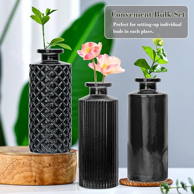 Glass Bud Vase Set in Bulk, 9pcs Mini Vintage Flower Vases for Wedding,Black Relief Vase for Centerpieces,Home Table Flower Decor, Party Decorations