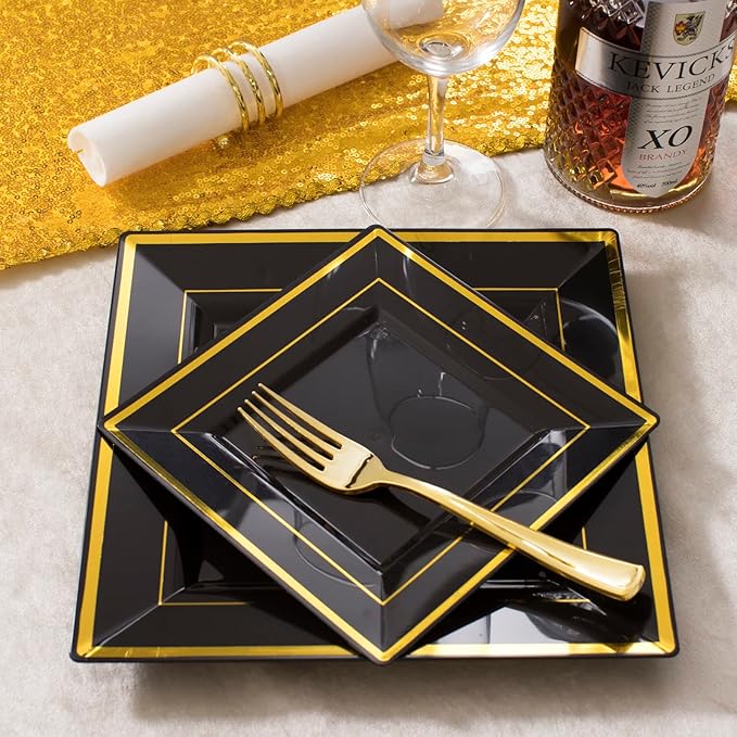 WDF 125Pieces Black Square Plastic Plates with Gold Rim Gold Disposable Silverware - include 25Pcs Dinner Plates,25Pcs Dessert Plates,25 Forks, 25 Knives, 25 Spoons for New Year (Pack of 2)