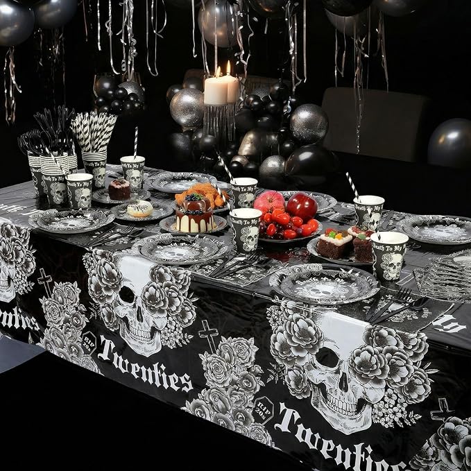 Funnymoom 452 Pcs Black and Silver Death to My 20s Decoration Serves 50, Rip 20s Paper Plates Napkins Cups Tablecloth Cutlery Straw for Men Women Death to My Twenties 30th Birthday Party Supplies