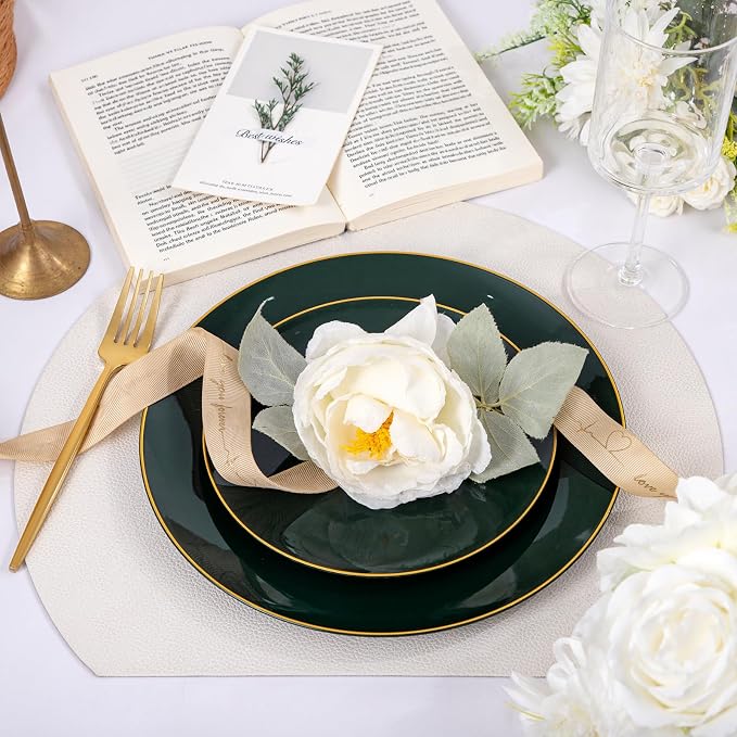 bUCLA 100PCS Green Plastic Plates - Heavy Duty Green Disposable with Gold Rim Include 50 Dinner 10 inch & 50 Dessert 7 inch Plates, Ideal for Party & Christmas