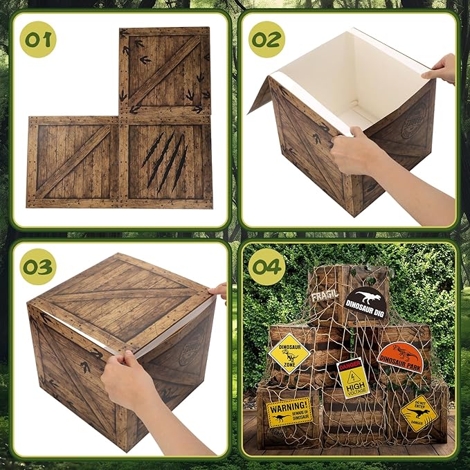 Fuutreo 16pcs Dinosaur Birthday Decorations 12 x 12 x 12 Inch Dino Theme Boxes Supplies, 79 x 40 Inch Natural Fishing Net Decor, Backdrop Photo Props for Birthday Halloween Christmas