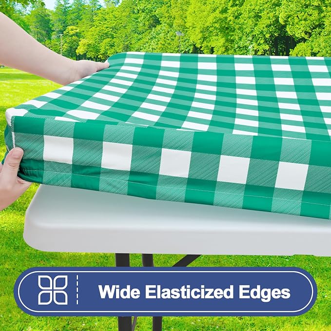 Smiry Picnic Table Cloth 4 Pack, Waterproof Elastic Fitted Tablecloths for 6FT Rectangle Tables, Washable Polyester Buffalo Plaid Tablecloth for Camping, Dining & Outdoor (Green & White, 30" x 72")