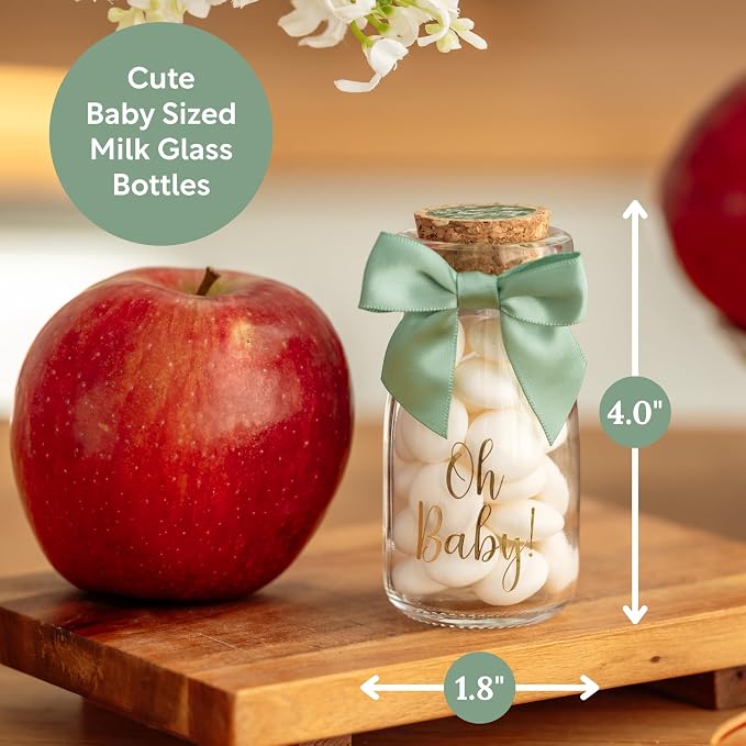 Ethisa Vintage 24 Pack Oh Baby Woodland Milk Glass Bottles with Ribbons and Stickers - Classy Baby Shower Favors for Guests and Table Centerpieces - Gender Neutral Eucalyptus Decoration - Safari Theme