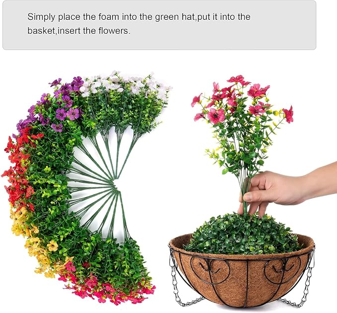 HyeFlora Artificial Faux Hanging Plants Flowers Basket for Summer Outdoor Outside Decoration, Fake Silk UV Sun Resistant Look Real Colorful Daisy Eucalyptus for Porch Home Patio Balcony Yard