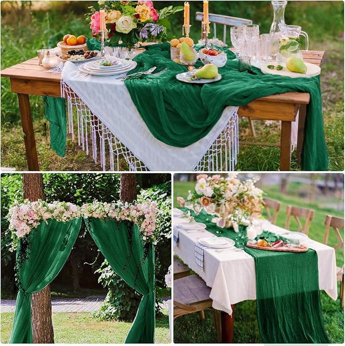 8 Pack Emerald Green Cheesecloth Table Runner 10Ft Gauze Cheese Cloth Table Runner 35 x 120Inch Boho Table Runners Romantic Table Cloth for Wedding Bridal Baby Shower Birthday Party Fall Table Decor