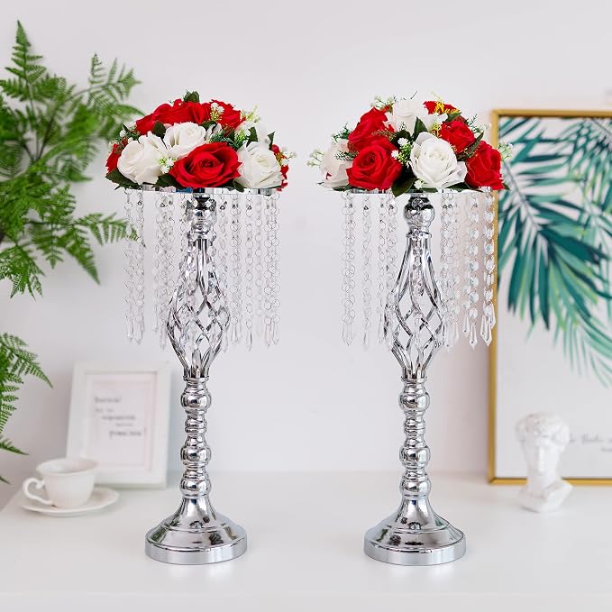 Sliver Vases Centerpieces for Weeding: 19.3" Tall Flower Stand with Crystal Patent for Table Center Piece Party Event Set of 10