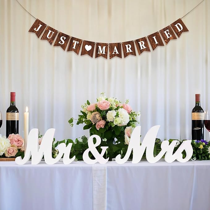 Rustic Just Married Wedding Banner & Mr Mrs Table Sign & Cake Topper in Wood Country Chic Wedding Decorations