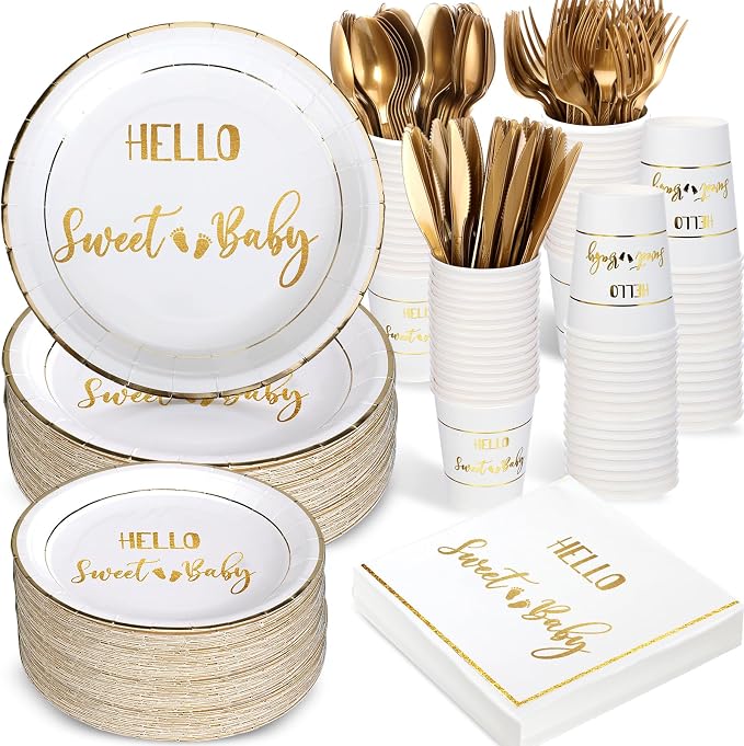 400 Pcs Baby Gender Reveal Plates and Cups and Napkins Sets with Forks Spoon Party Supplies Baby Shower Paper Tableware Gender Reveal Decorations Disposable Cutlery, Serves 50(Gold,Hello Sweet)