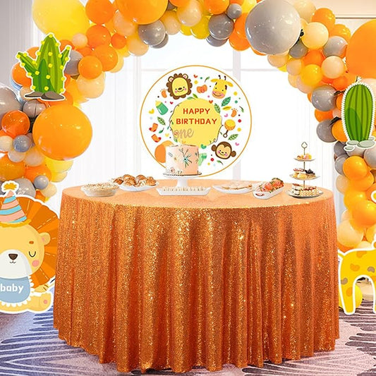 PartyDelight Sequin Tablecloth 90 Inch Round Orange Glitter Table Cloth for Party Baby Shower Christmas Decorations