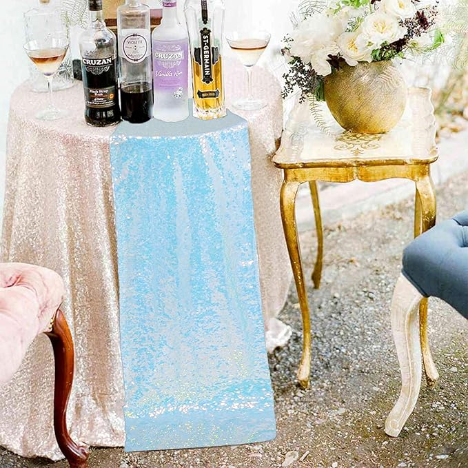 ShinyBeauty Mermaid Blue Table Runners, 10 Pieces 12X108 Inch, New Year Decor, Sequin Table Runner Iridescent Runner for Table Birthday Party Decorations