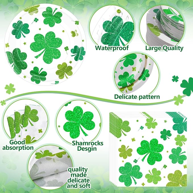 Pickmesh 400 Pcs St. Patrick's Day Party Plates and Napkin Decoration Lucky Shamrock Paper Tableware Cups Knives for Wedding Green Shamrock Themed Irish Festival Party Supplies Serve 50