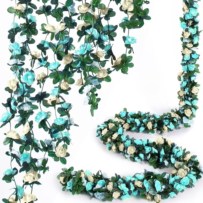 PONKING 8 Pcs x 8.2 ft Flower Garland Artificial Rose Vine Flowers with Green Leaves Hanging Fake Roses Vine for Room Party Home Wedding Birthday Christmas Wall Arch Decor, White Blue Flower