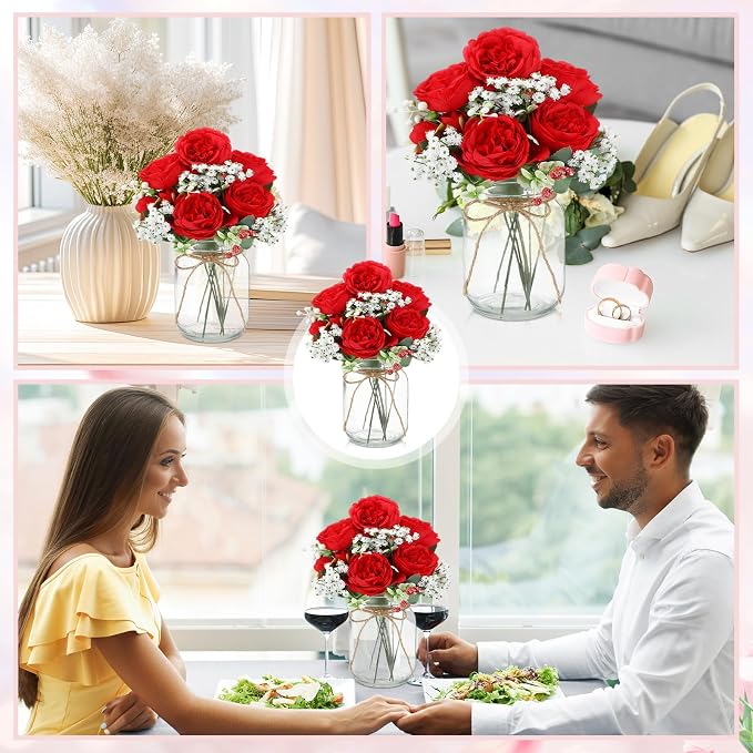 Zeyune 12 Sets Mason Jar Centerpiece Table Decorations, Artificial Peony Baby's Breath Flower Bouquets, Faux Flowers with Vase, Rustic Decor Gifts for Home, Wedding, Holiday (Red)
