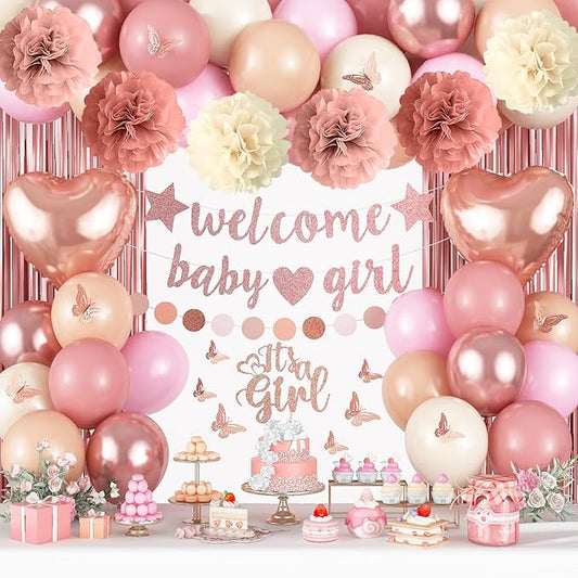 Pink Baby Shower Decorations for Girl, Boho Dusty Blush Pink Rose Gold Beige White Latex Balloons Welcome Baby Banner Its A Girl Cake Topper Pom Poms Fringe Curtain for Girls Birthday Party Decoration