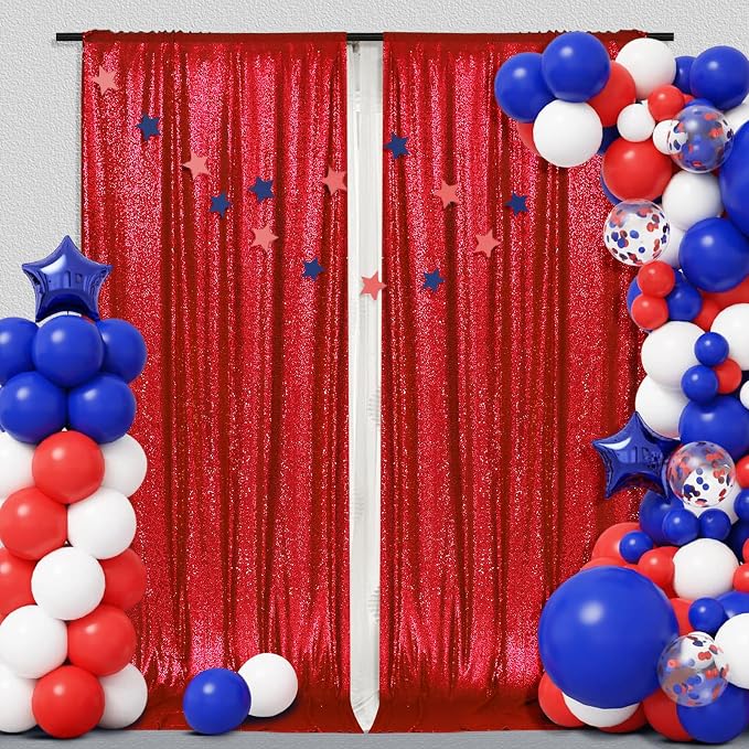 PartyDelight Red Sequin Backdrop 5x10ft 2 Panels 4 Inch Rod Pocket | 3mm stitched red sequins on mesh backing with 4 inch rod pocket for wide reception walls head tables stages and layered event