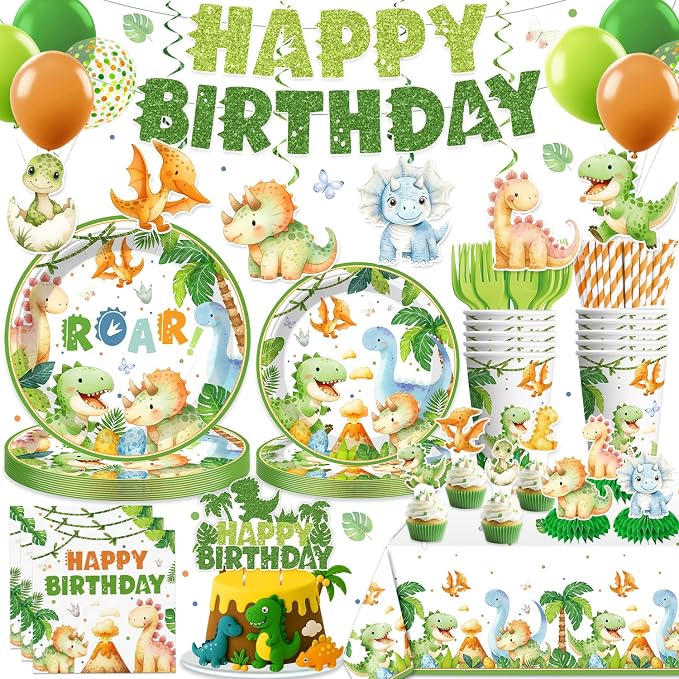 213 pcs Dinosaur Birthday Party Decorations Serve 25, All-in-One Dinosaur Party Decorations Includes Plates, Tablecloth, Cake Toppers, Cupcake Toppers