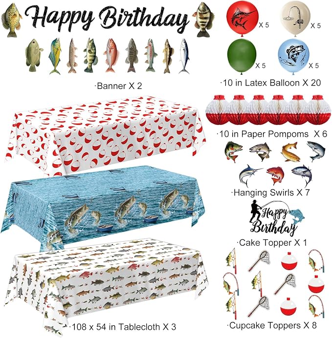 Fishing Birthday Party Decorations Kit with Plates, Napkins, Cups, Cutlery, Honeycomb Balls, Banner, Hanging Swirls, Tablecloths, Toppers, Balloons for Ofishally One Birthday Decorations, Serves 24