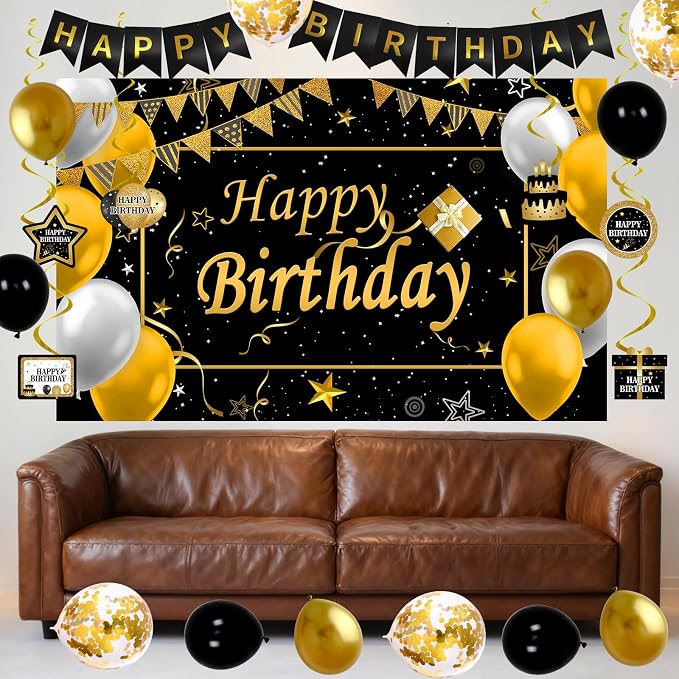 Black and Gold Birthday Decorations, Brithday Party Decorations for Men Boys Women Girls with Black Gold Happy Birthday Banner Decorations Tablecloth Backdrop Balloons Arch Bady Party Supplies