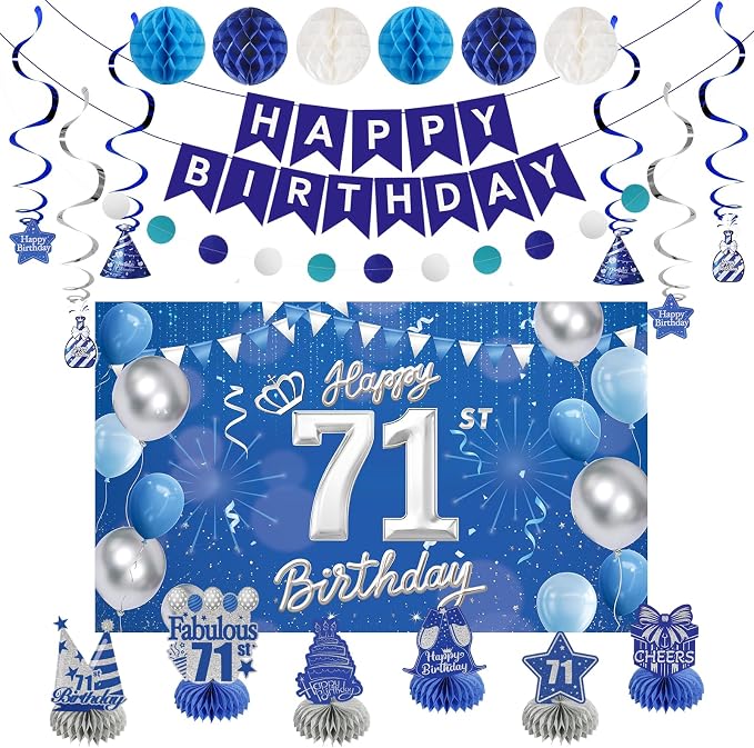 Happy Birthday Party Decoration Set: Including Birthday Banner Backdrop, Party Table Centerpieces and Hanging Swirl Party Streamers, Birthday Decor Suppliers for Men and Women (Blue, 71st Birthday)