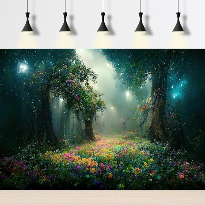 Fantasy Forest Backdrop Beautiful Magical Night Forest Landscape with Lush Flowers Photography Background Magic Field in Evening Light Backdrop Decors Artist Creation Background Props 9x6ft