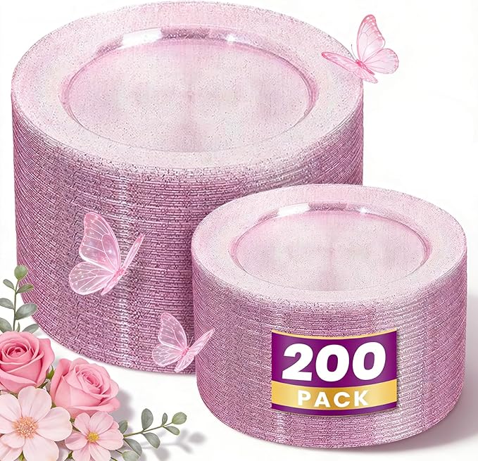 WDF 200PCS Pink Plastic Plates - Rose Gold Glitter Plastic Plates - Heavy Duty Pink Glitter Disposable Plates for Wedding Baby Shower Spring Birthday Mother's Day