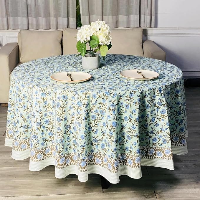 Ridhi Round Tablecloth Hand Block Print 100% Cotton Reusable Laurel & Army Green 60 Inch Table Cover Decorative Everyday Use for Dining, Home, Party, Wedding, Farmhouse Gift for Spring, Mother's Day