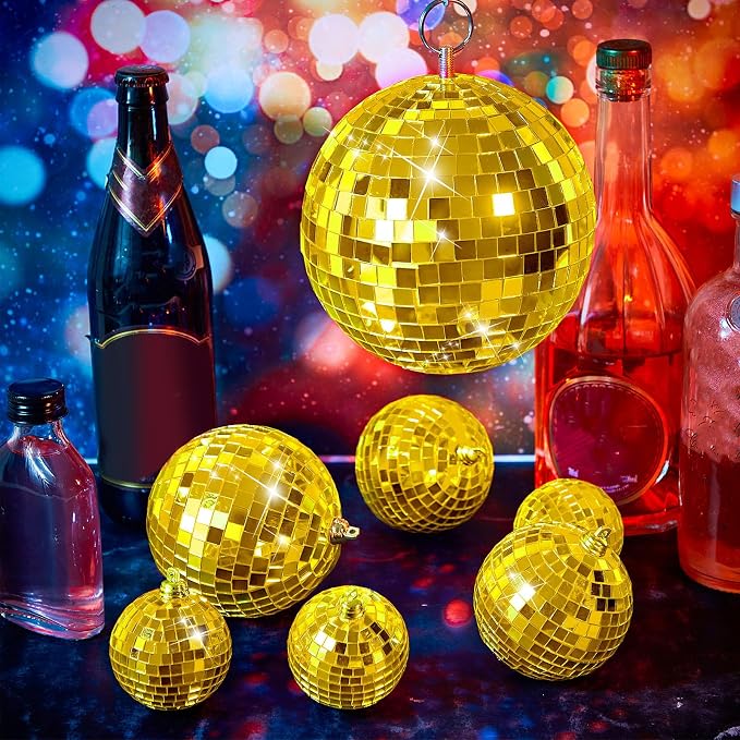 WILLBOND 12 Pack Disco Ball Party Decorations Hanging Mirror Balls Fun Retro Dj Lighting Effect Stage Props Game Accessories, 5.91", 3.94", 3.15", 2.36"(Gold)