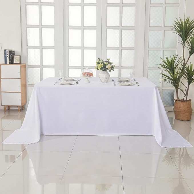 2-Pack 90x156 inch White Table Cloths, Solid Stain and Wrinkle Resistant Oblong Tablecloth, Premium Plain Weave Polyester Fabric Rectangle Table Linen Covers for Hotel, Banquet