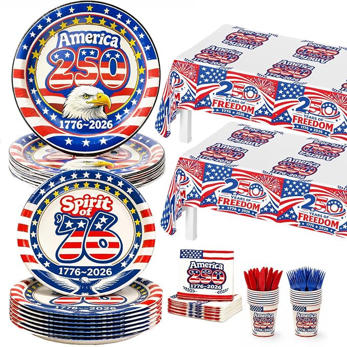 252 PCS 250th Anniversary USA Party Supplies – 1776–2026 Patriotic American Decorations, Serve 50 Guests, Includes Plates Cups Napkins Tablecloths Red Knives & Blue Forks for 4th of July -