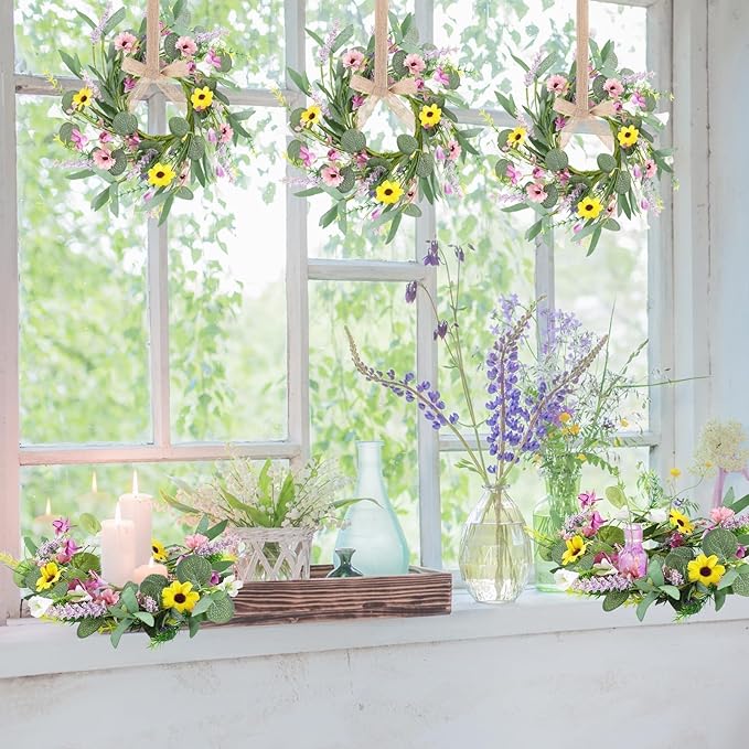 6 Pcs 9" Small Spring Wreath for Kitchen Cabinet Floral Wedding Candle Rings Wreaths Spring Summer Wildflower Wreath with Ribbon for Pillars Front Door Porch Wall Window Farmhouse Party Home Decor
