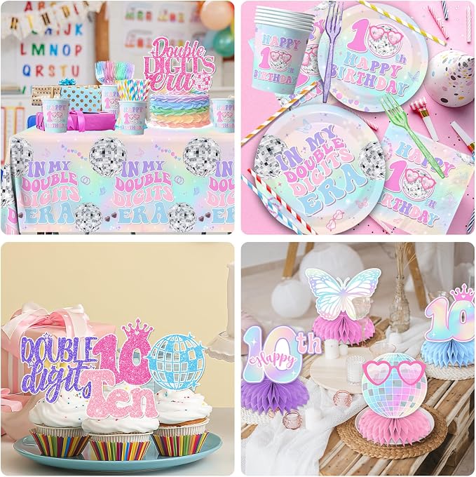 10th Birthday Decorations for Girl,198pcs In My Double Digits Era Party Decor 10 Year Old Birthday Decorations Plates and Napkins Cups Tablecloth Banner Honeycomb for Double Digits Era Party Supplies