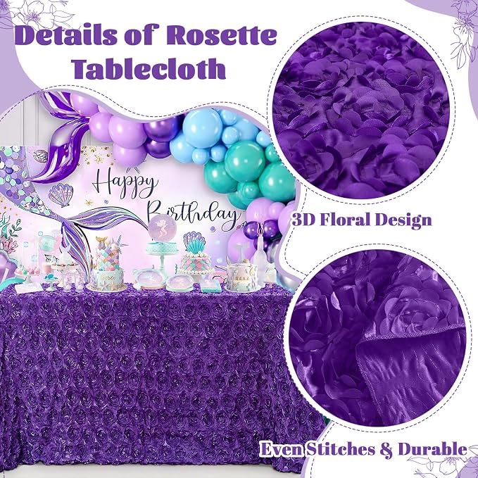 B-COOL Rosette Tablecloth 90x132 Inch Purple Rectangle Rose Wedding Tablecloth 3D Floral Satin Tablecloths for Ceremony Engagement Party Prom Table Decorations