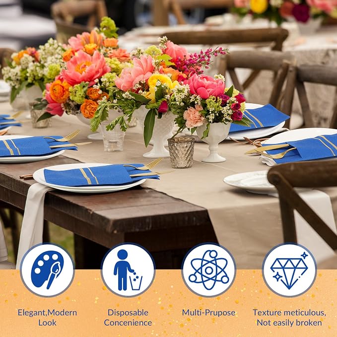 Roshtia 100 Pack Dinner Napkins Disposable Linen Feel Dinner Napkins with Built-in Flatware Pocket Gold Trim Lined Pre Folded Paper for Wedding Party (Royal Blue,Gold)