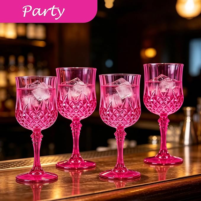 Plastic Wine Glasses, Plastic Goblets Vintage Style Cordial Unbreakable Drinking Glasses, Reusable Drinkware for Wedding Reception, Grand Event Party Supplies (12, Hot Pink)