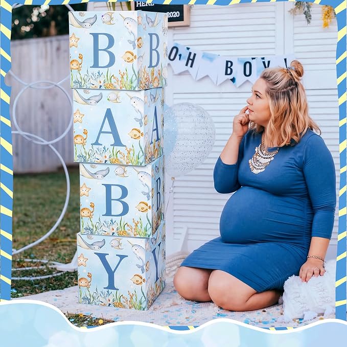 4 Pcs Under The Sea Baby Shower Boxes Ocean Theme Baby Shower Decorations Blocks with Letter Underwater Sea You Soon Party Centerpiece for Backdrop
