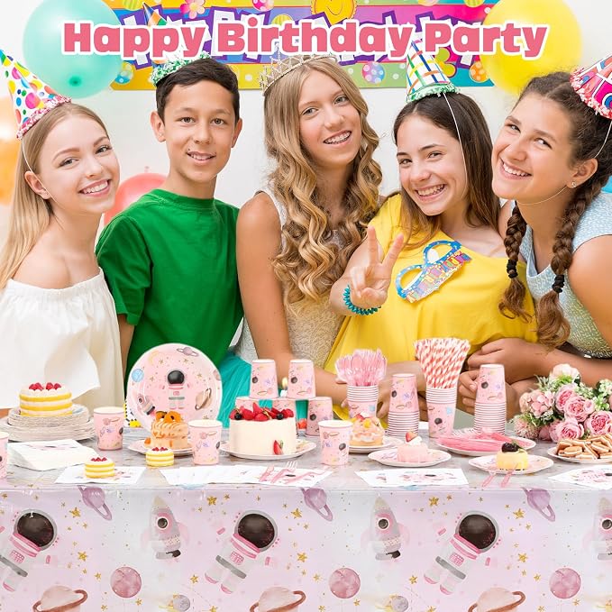Potchen 452 Pcs Party Supplies Serve 50 Guests, Paper Plates Napkins Cups Cutlery Plastic Tablecloth Dinnerware for Birthday Wedding Party Decoration (Light Pink, Space)