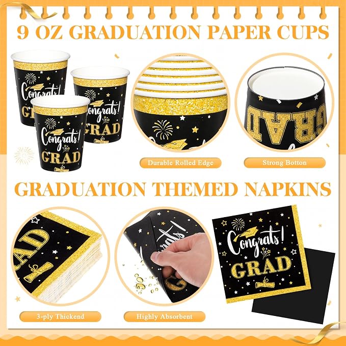Domensi 400 Pcs 2026 Graduation Decorations Plates and Napkins and Cups Set Serve 50, Black and Gold Graduation Party Supplies, Class of 2026 Paper Tableware 9oz Cup Knife Fork Spoon Congrats Grad