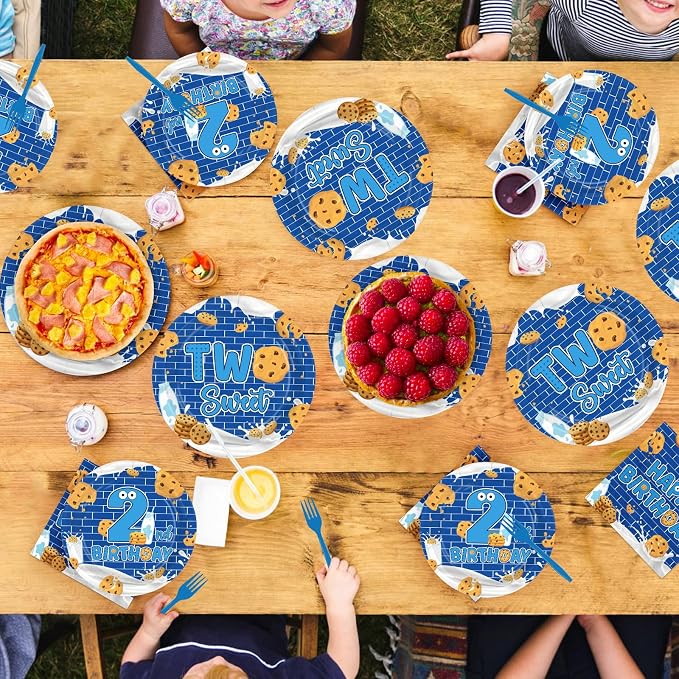96 Pcs Milk and Cookies 2nd Birthday Party Supplies Dark Blue Cookies Plates and Napkins Two Sweet Cookie Tableware Set for Boys Girls Sweet Cookie 2nd Birthday Party Supplies, Serves 24
