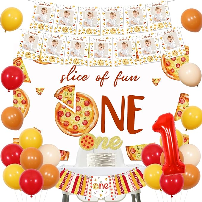 Pizza 1st Birthday Party Decorations - Pizza Theme 1st Birthday High Chair Banner and Photo Banner Slice of Fun Backdrop Fast Food Pizza Cake Topper Red Yellow Balloons for Kids First Bday Supplies