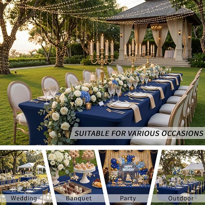 Fixwal 3 Pack Navy Blue Tablecloth Rectangle 6Ft, Stretch Spandex Fitted Table Cover for Party, Trade Show, Wedding, Buffet, Graduation, Vendor Stand