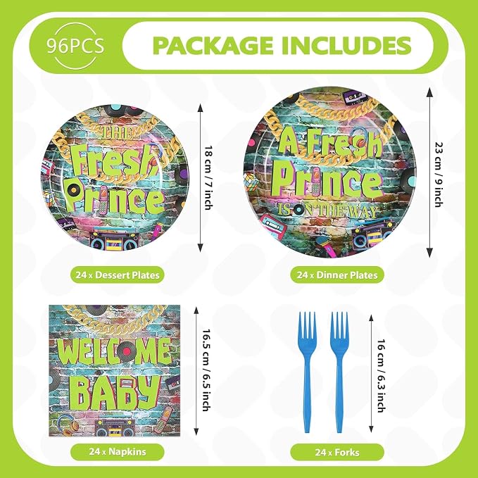 96Pcs Fresh Prince Baby Shower Party Decorations 90s Hip Hop Graffiti Plates and Napkins Disposable Vintage Themed Tableware Set for 90s Fresh Prince Boys Baby Shower Birthday Party Supplies Serves 24