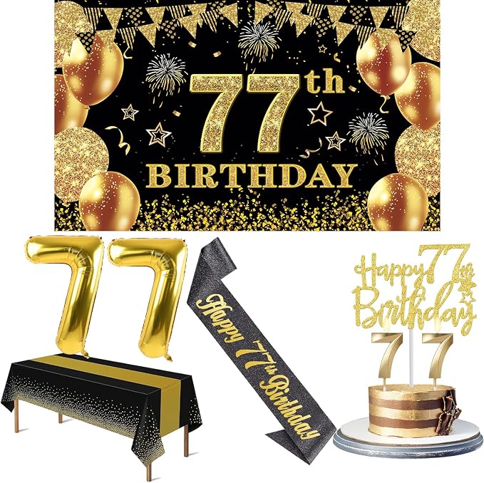 77th Birthday Decorations Men Women with 77th Birthday Banner, Black and Gold Table Cloth, Number Balloons, Sash, Cake Topper and Candles