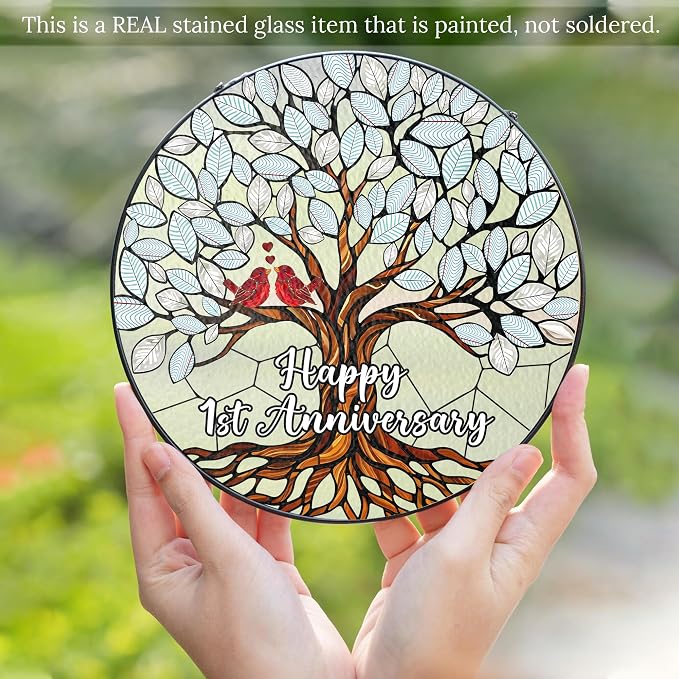 1st Wedding Anniversary Stained Glass Suncatcher, 6x6' Anniversary Decorations, 1st Celebration Marriage Gifts for Parents, Couple, Wife & Husband, 1 Wedding Milestone Keepsake