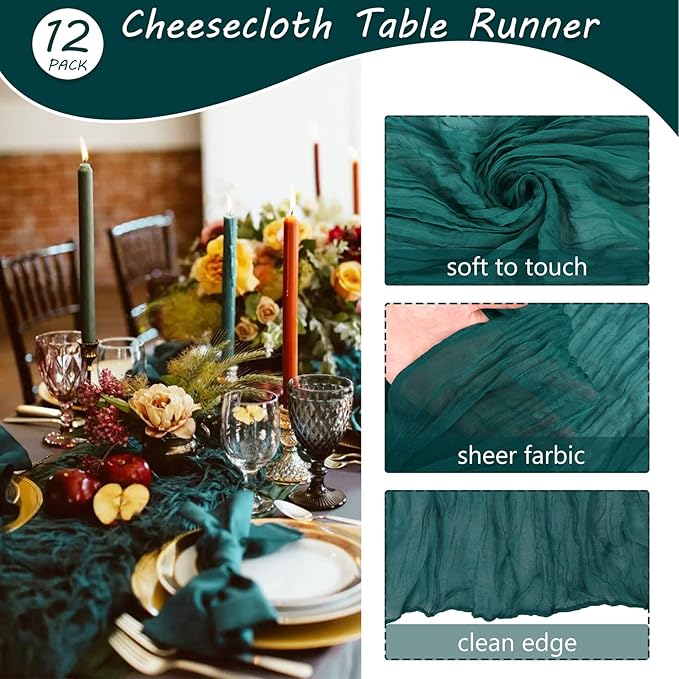 Fivenl 12 Pack Dark Teal Boho Rustic Cheesecloth Table Runner 35x72 Inch, Perfect for Wedding, Party, Home Decor