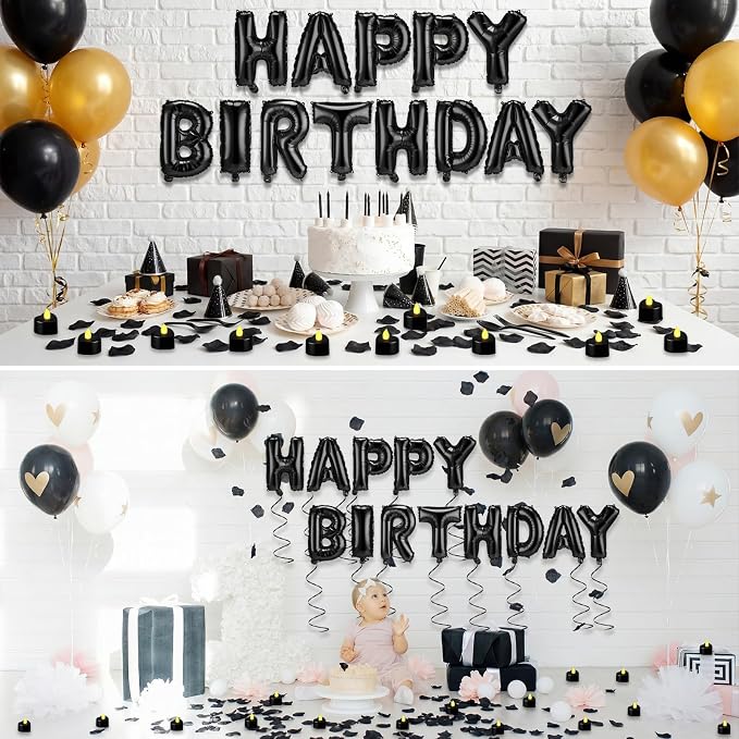 Black Happy Birthday Balloons Decorations Happy Birthday Letter Balloons Banner Set with 24pcs Heart Flameless LED Candles and 2000pcs Artificial Rose Petals for Women Men Room Party Decor