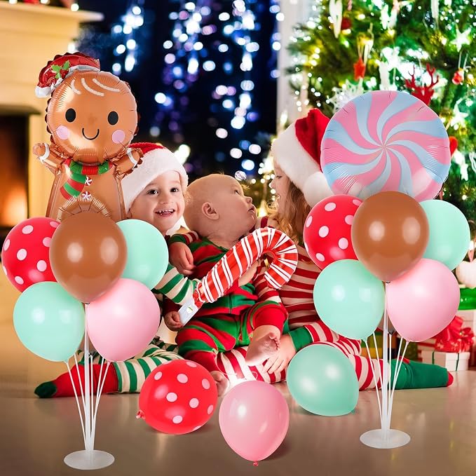6 Sets Christmas Gingerbread Balloon Stand Kit for Table with Gingerbread Man Candy Cane Foil Balloon Centerpiece for Christmas Theme Xmas Birthday Holiday New Year Party Table Decorations